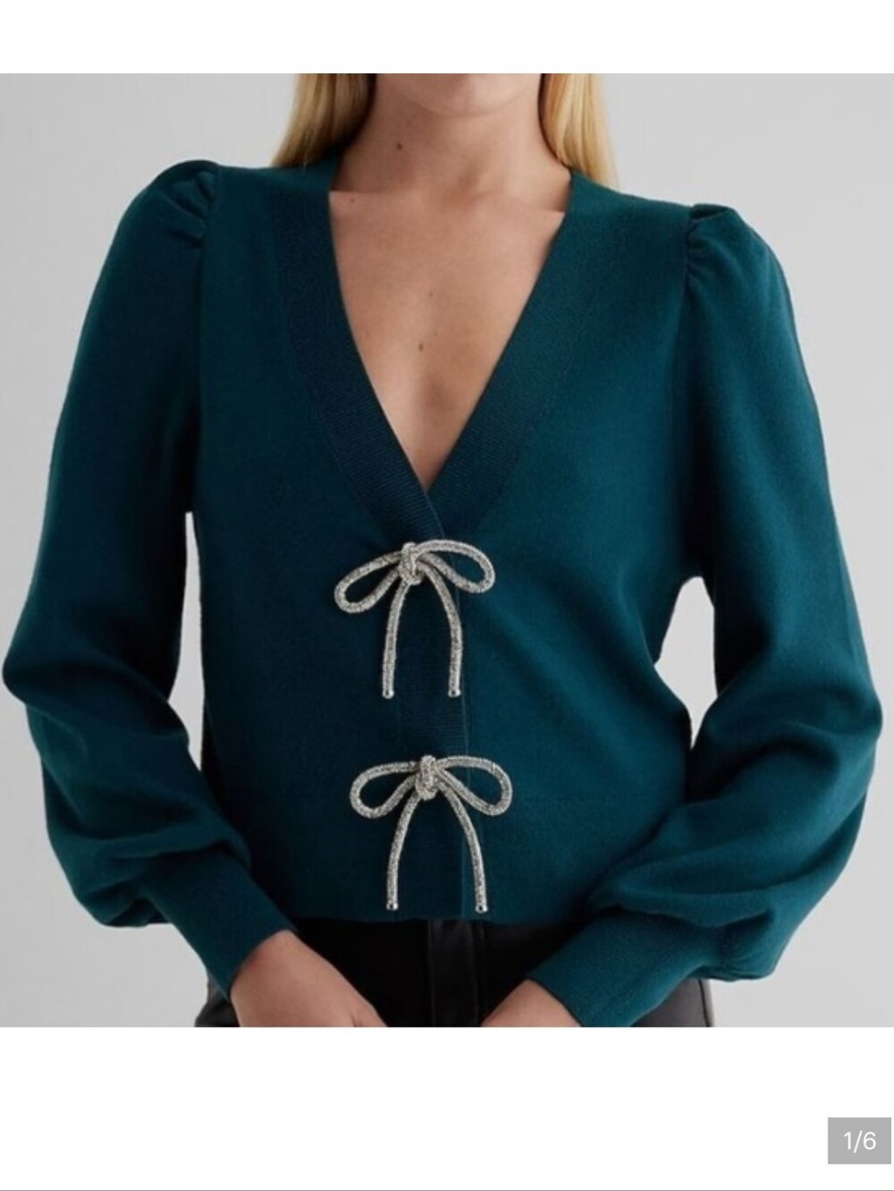 Express Teal V-Neck Crystal Bow Puff Sleeve Sweater Size S